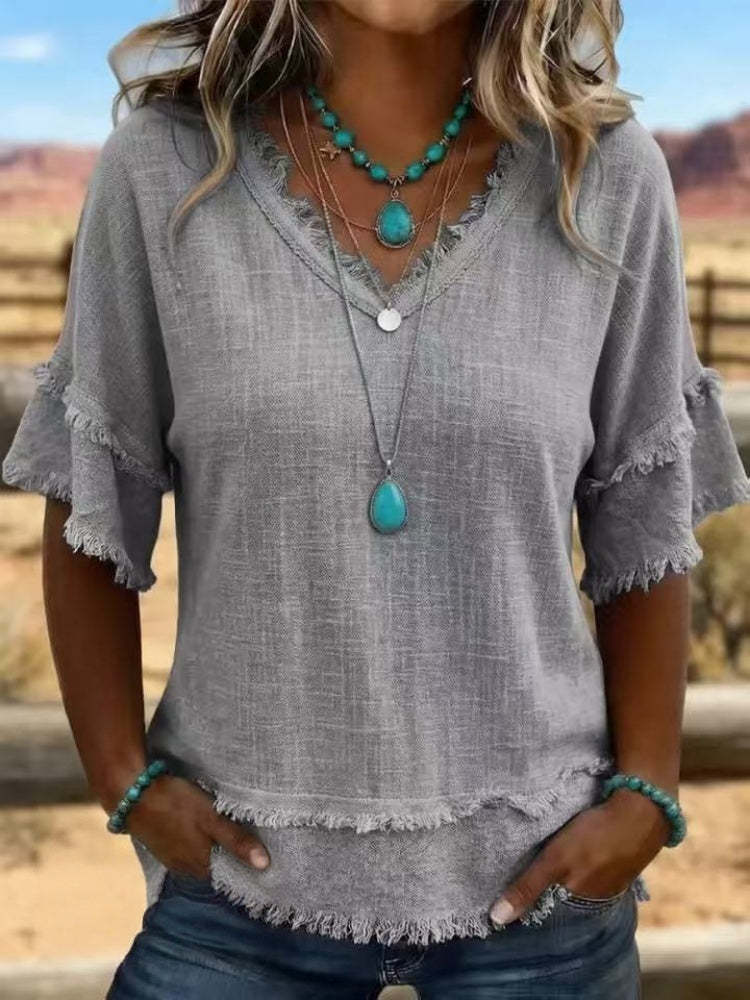  Vintage Frayed V-Neck Linen Top