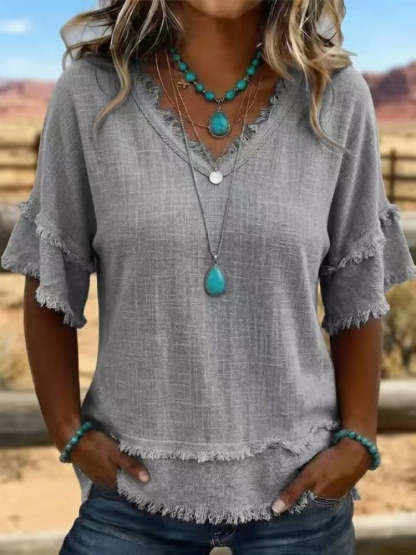 Vintage Frayed V-Neck Linen Top