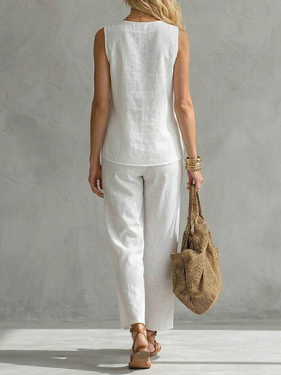Women's Cotton-linen Sleeveless V-neck Top And Pants Set