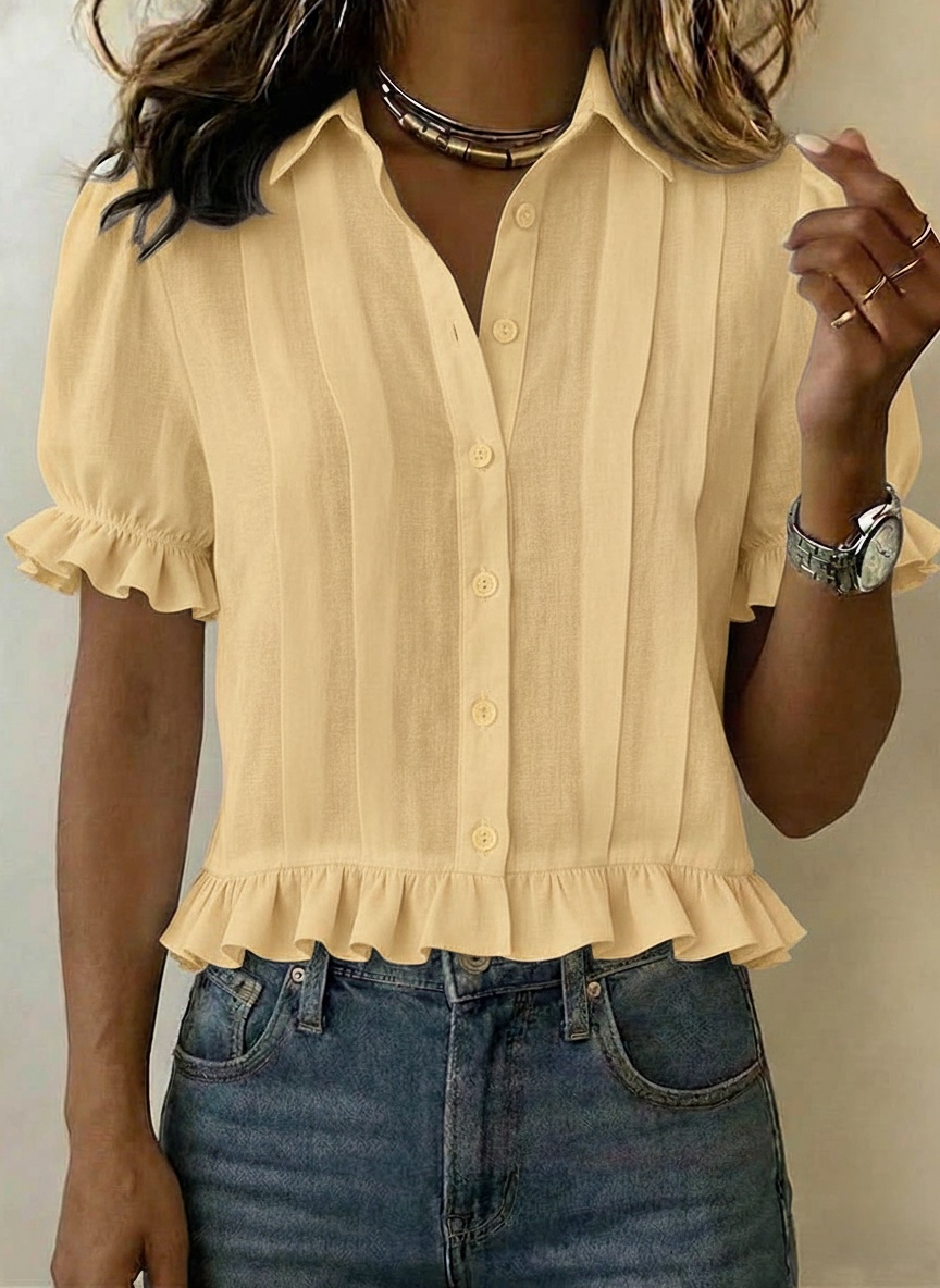 Women's Solid-color Short-sleeve Casual Loose Cotton-linen Shirt With Cardigan Collar