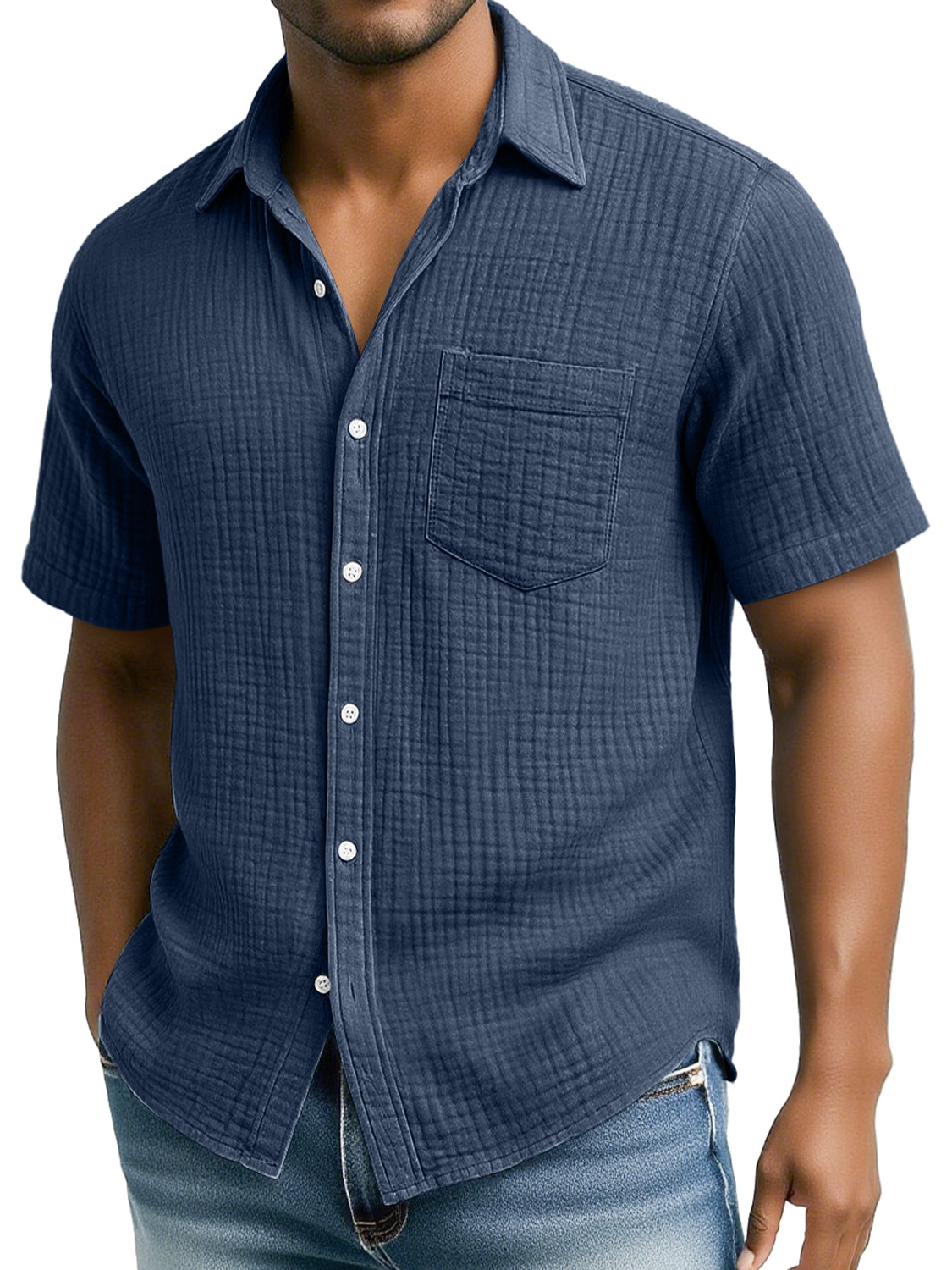 Men's Daily Pleated Texture Casual Pocket Comfort Short Sleeve Shirt