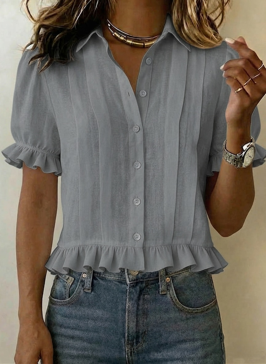 Women's Solid-color Short-sleeve Casual Loose Cotton-linen Shirt With Cardigan Collar