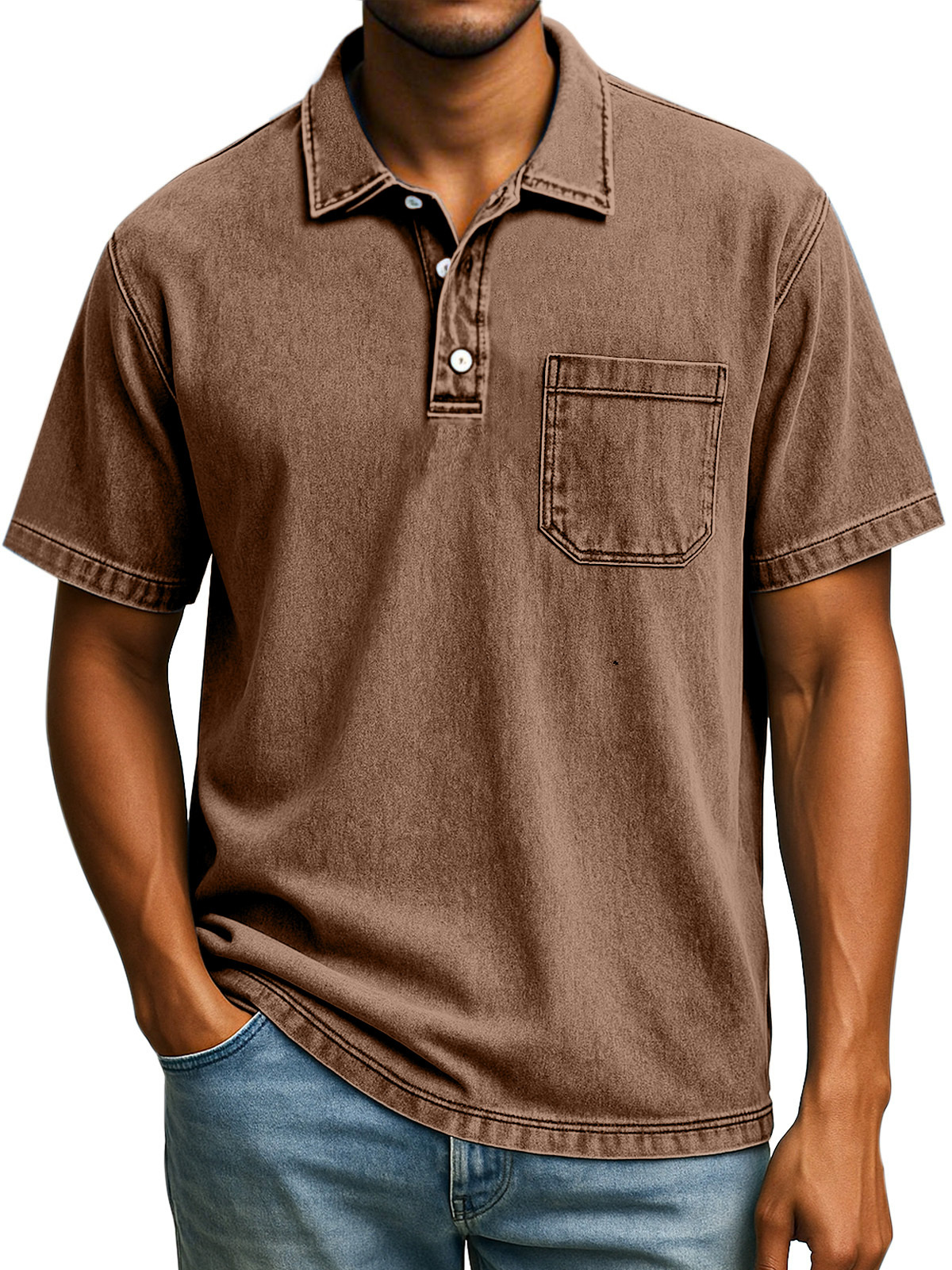 Men's Retro Solid Color Comfortable Loose Lapel Button Short Sleeve Polo Shirt