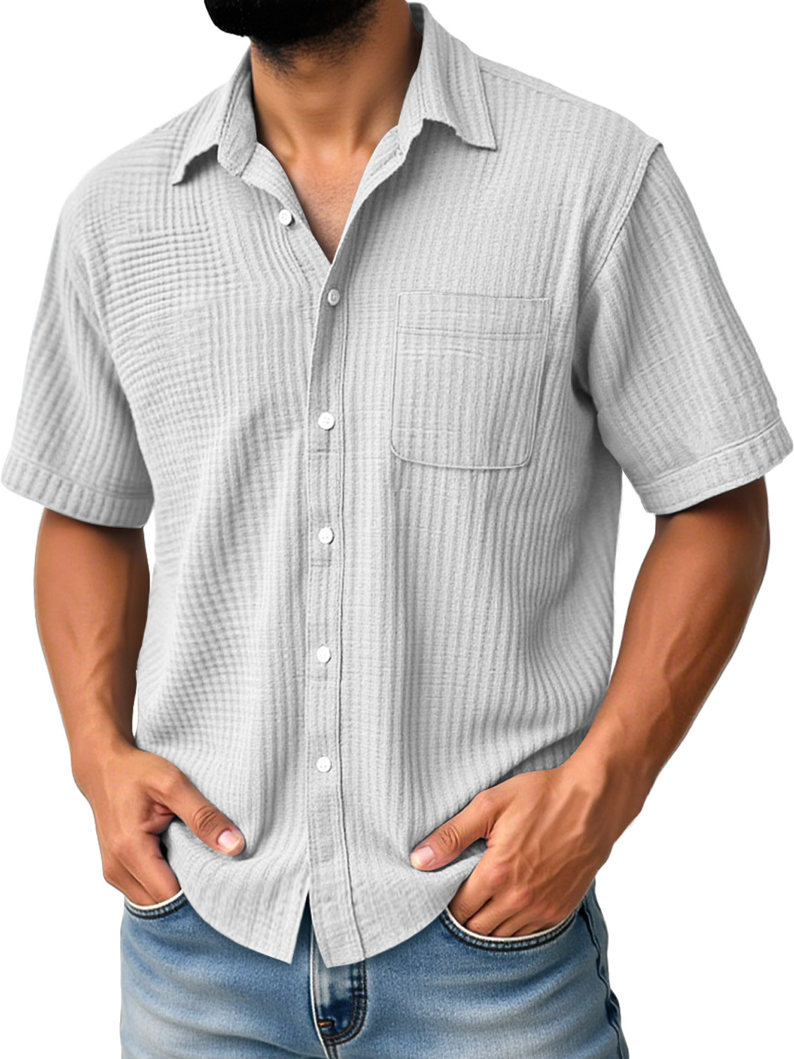 Men's Daily Casual Pleated Pocket Comfortable Solid Color Short Sleeve Shirt