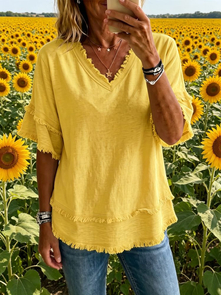  Vintage Frayed V-Neck Linen Top