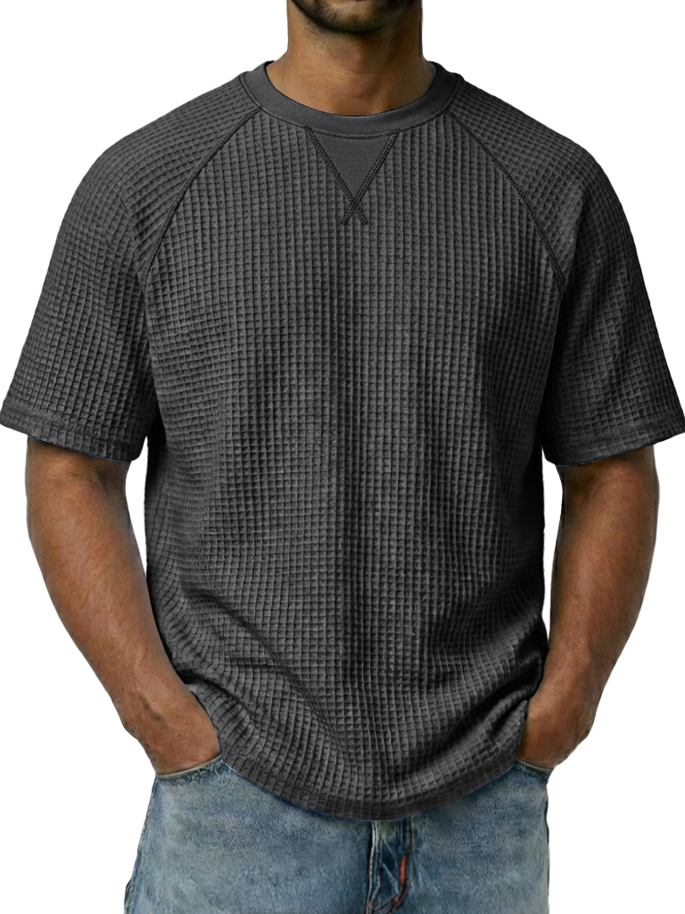 Men's Waffle-knit Crew Neck Raglan Sleeve Casual Short-sleeved T-shirt