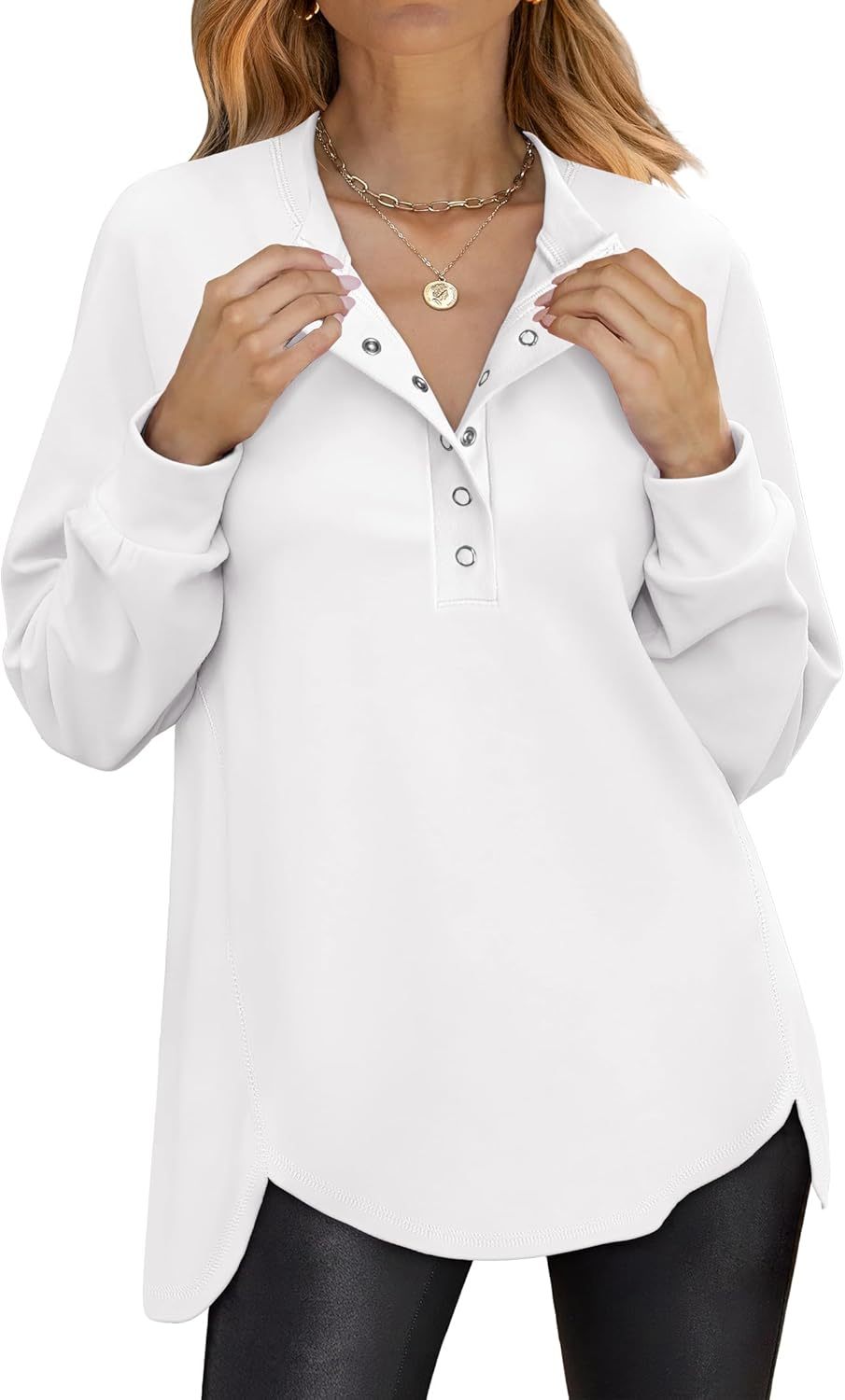 Women's Long Sleeve Henley Tops Tunic Sweatshirt Loose Slit Casual Button Shirts Pullover 2025 Fall Winter Outfits