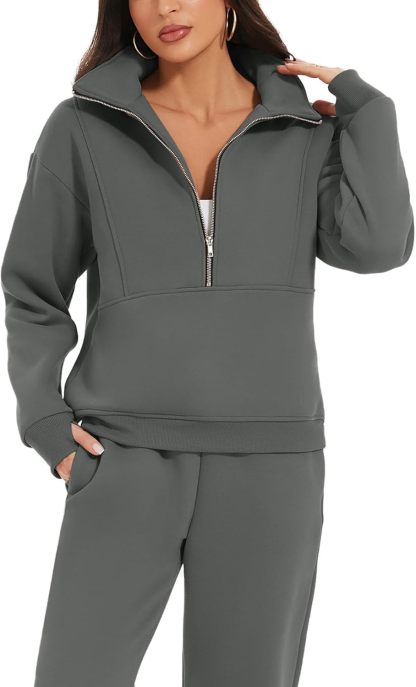 Women's 2 Piece Outfit Fleece Half Zip Sweatshirt Joggers Pants Set Y2K Tracksuit Sweatsuit