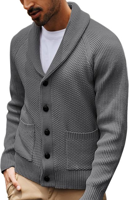 Men's Shawl Collar Button-Down Cardigan Knitted Textured Sweater