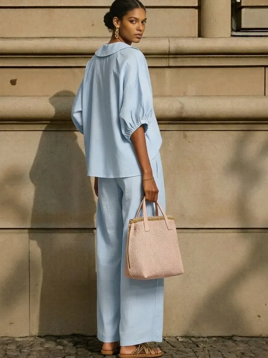 New Arrivals🔥Stylish Peter Pan Collar Shirt And Wide-leg Pant Linen Two-piece Set