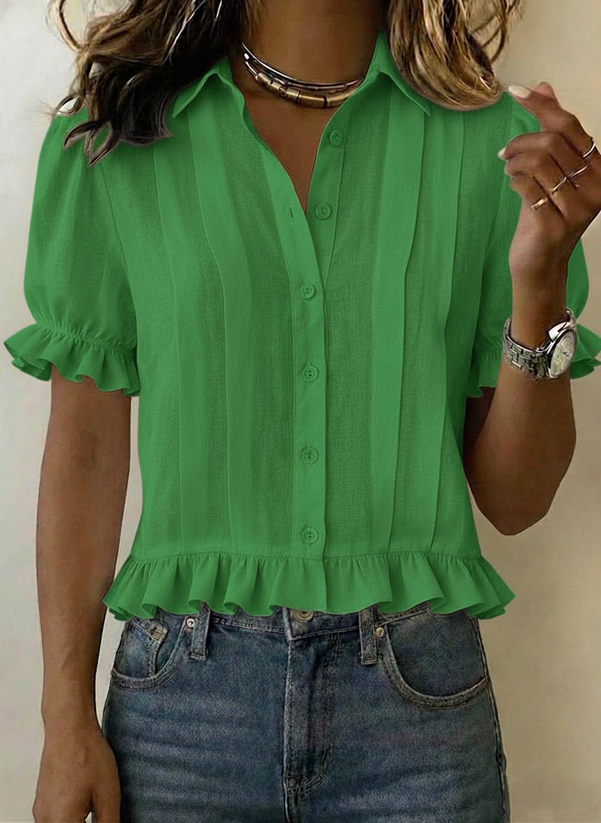 Women's Solid-color Short-sleeve Casual Loose Cotton-linen Shirt With Cardigan Collar