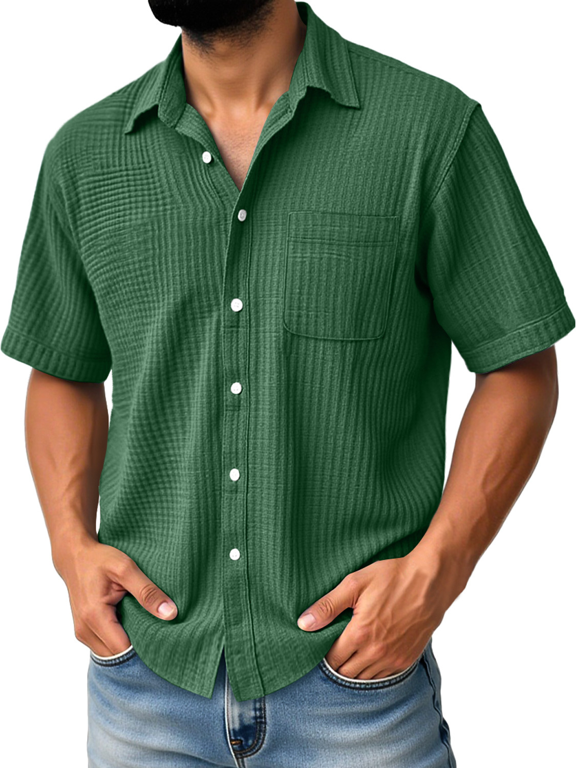 Men's Daily Casual Pleated Pocket Comfortable Solid Color Short Sleeve Shirt