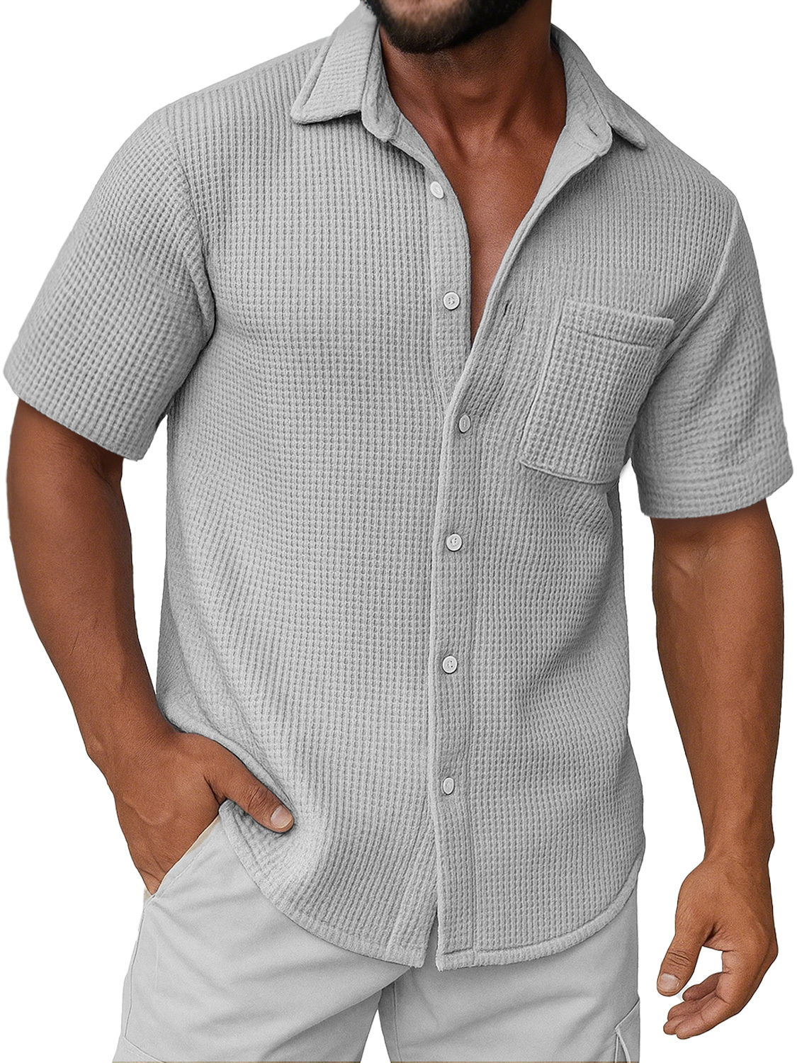 Men's Daily Waffle Texture Casual Pocket Comfort Short Sleeve Shirt