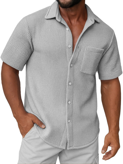 Men's Daily Waffle Texture Casual Pocket Comfort Short Sleeve Shirt