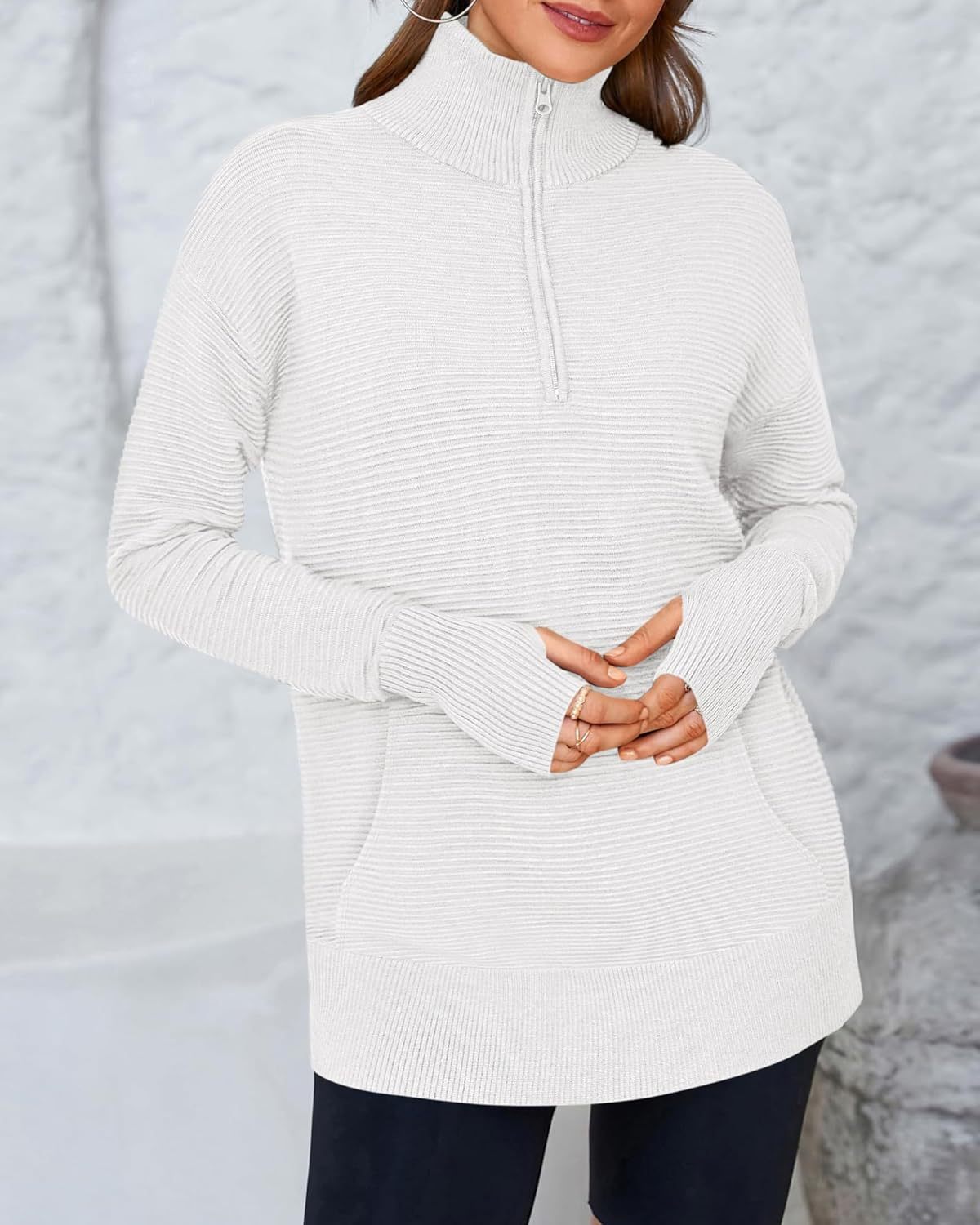 BTFBM Sweaters for Women Fall Winter Clothes 2025 Pocket Quarter Zip Pullover V Neck Long Sleeve Knit Trendy Sweater