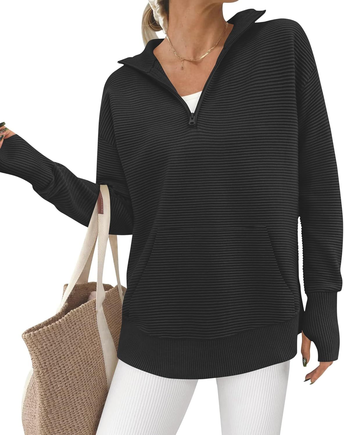 BTFBM Sweaters for Women Fall Winter Clothes 2025 Pocket Quarter Zip Pullover V Neck Long Sleeve Knit Trendy Sweater