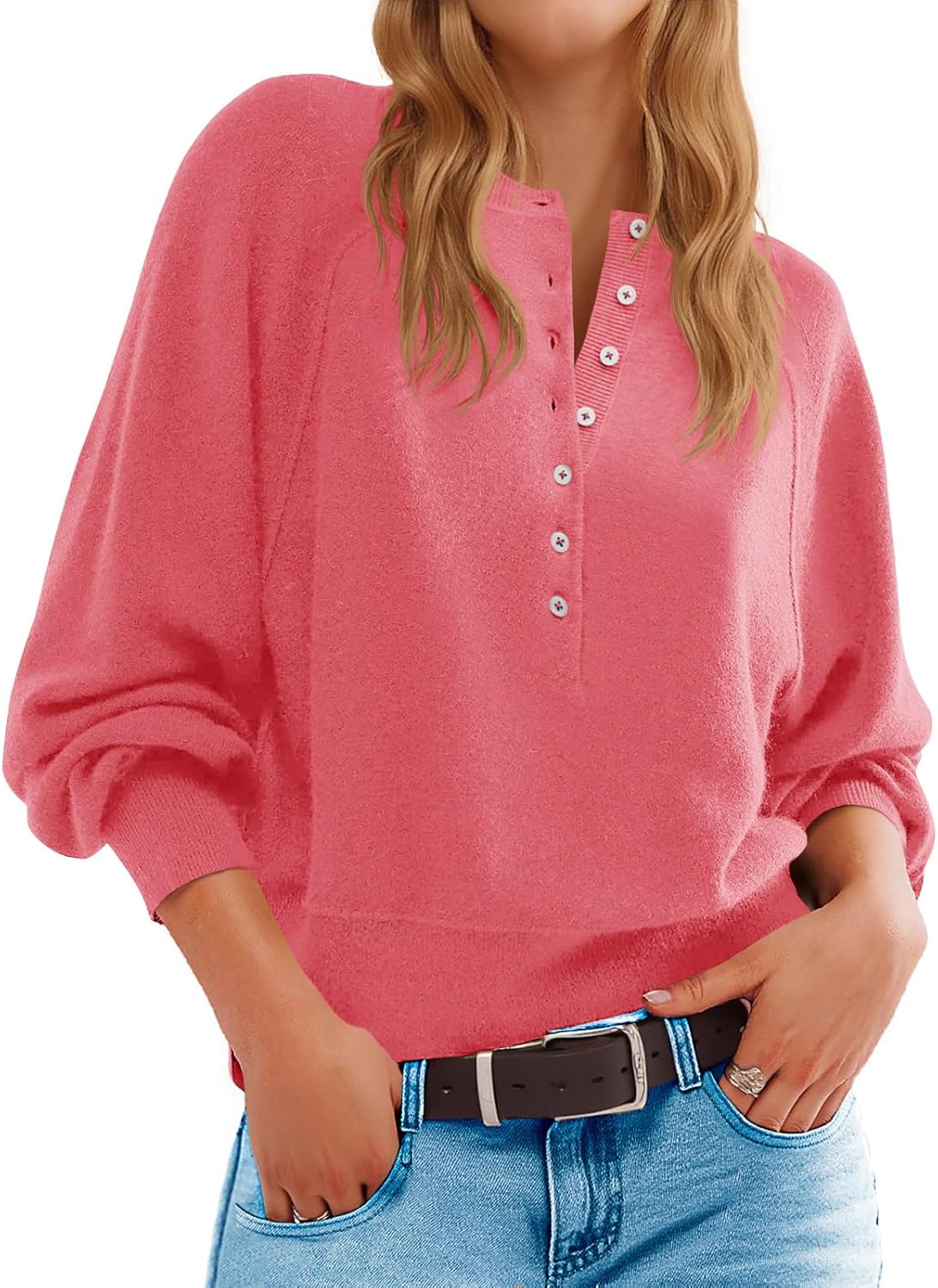 Womens Button Crew Neck Sweater Fall Long Sleeve Henley Shirts Trendy Loose Knit Pullover Tops