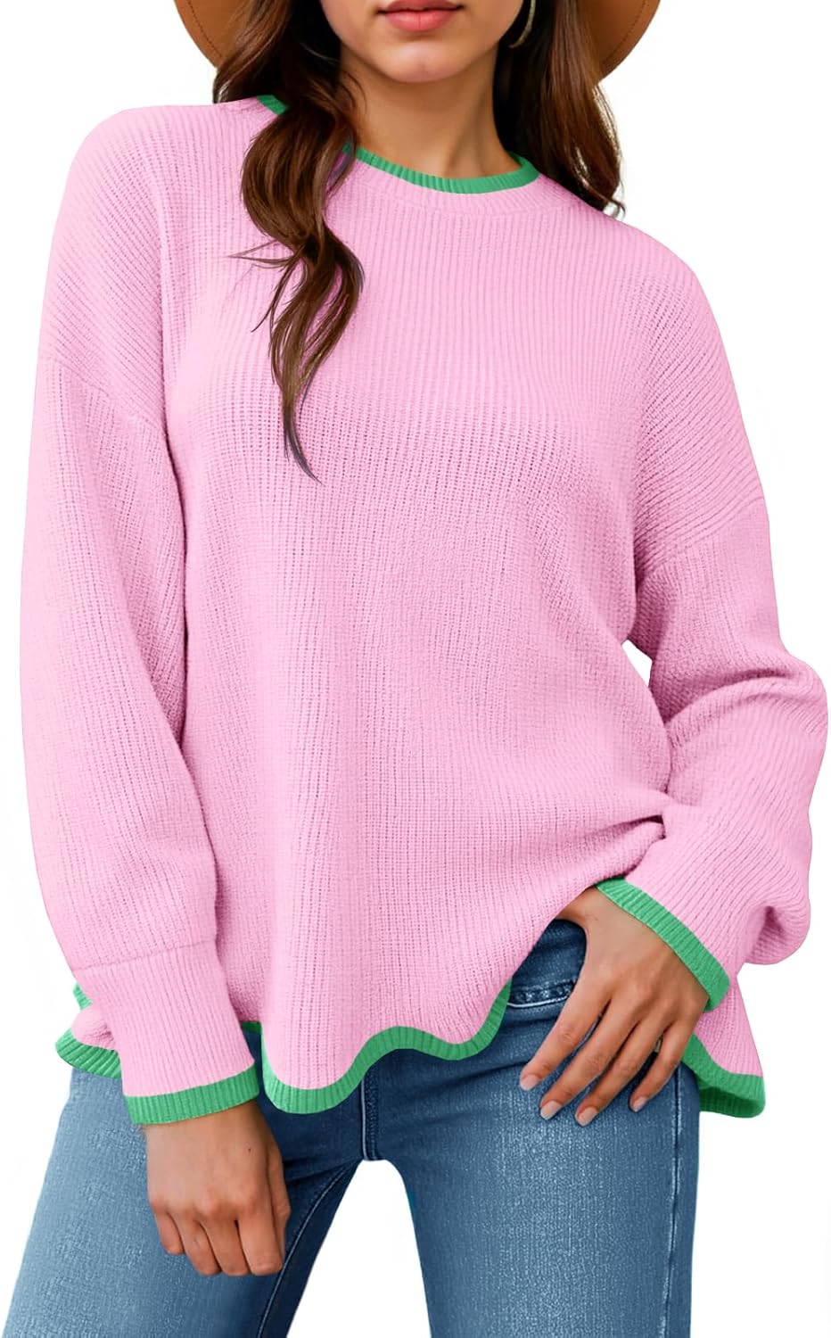Womens Contrast Color Pullover Sweaters Crewneck Knit Tops with Wave Hem Long Sleeve Sweater Fall 2025