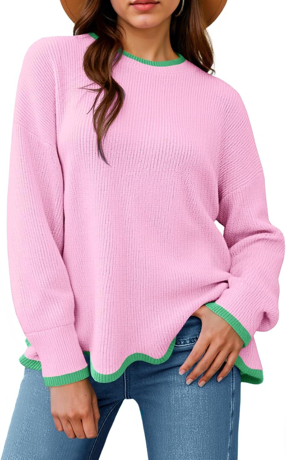 Womens Contrast Color Pullover Sweaters Crewneck Knit Tops with Wave Hem Long Sleeve Sweater Fall 2025