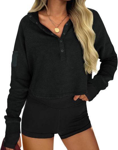 CLEARANCE SALE🔥Women's Cropped Sweatshirt Casual Henley Collar Snap Button Long Sleeves