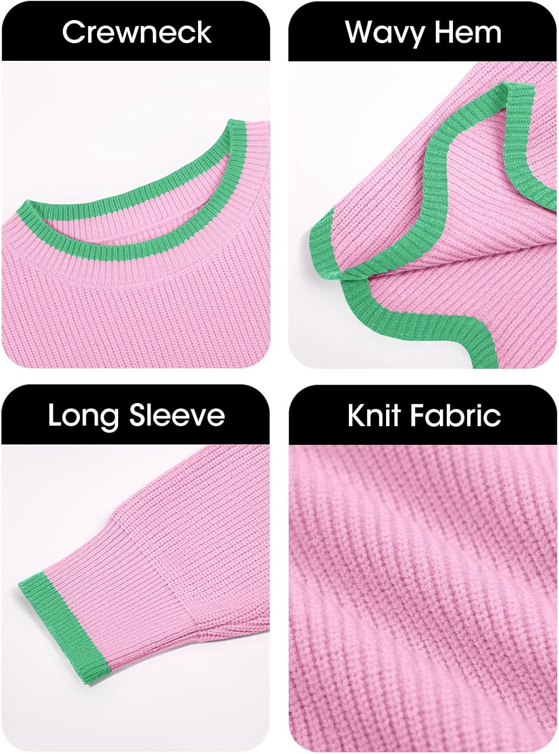 Womens Contrast Color Pullover Sweaters Crewneck Knit Tops with Wave Hem Long Sleeve Sweater Fall 2025