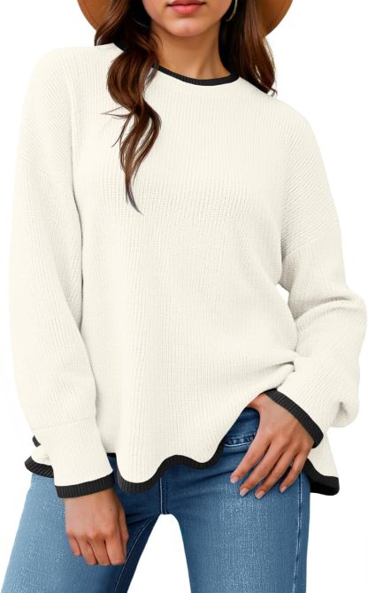 Womens Contrast Color Pullover Sweaters Crewneck Knit Tops with Wave Hem Long Sleeve Sweater Fall 2025