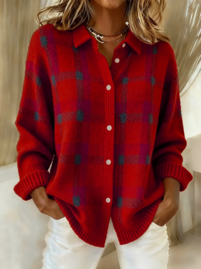 CLEARANCE SALE🔥Women's Casual Contrast Color Autumn And Winter Retro Plaid Print Buttoned Cardigan Sweater