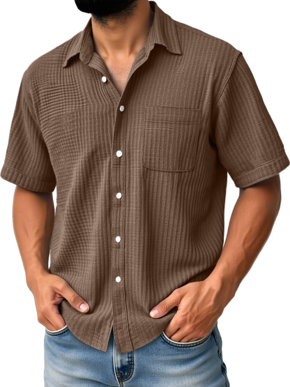 Men's Daily Casual Pleated Pocket Comfortable Solid Color Short Sleeve Shirt