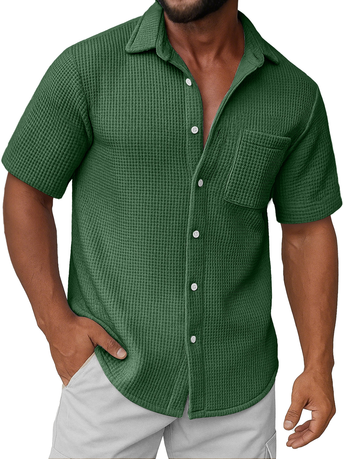 Men's Daily Waffle Texture Casual Pocket Comfort Short Sleeve Shirt