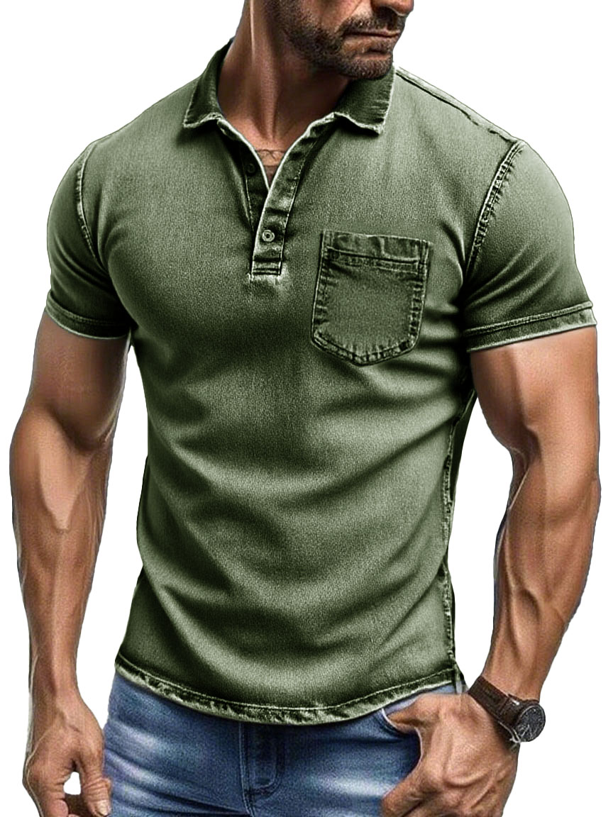 Men's Fashion Retro Pure Cotton Distressed Fabric Pocket Lapel Polo Shirt 