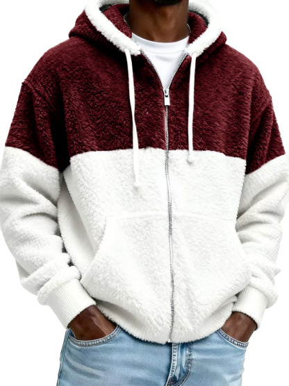 Men's Stylish Casual Patchwork Plush Warm Long-sleeved Hooded Jacket 