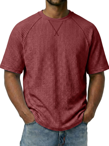 Men's Waffle-knit Crew Neck Raglan Sleeve Casual Short-sleeved T-shirt