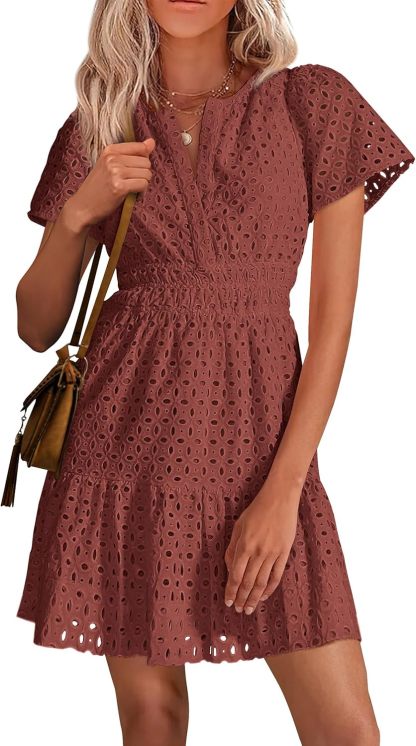 PRETTYGARDEN Womens 2025 Summer Short Dress V Neck Short Sleeve A Line Hollow Out Lace Ruffle Cute Casual Beach Party Dresses