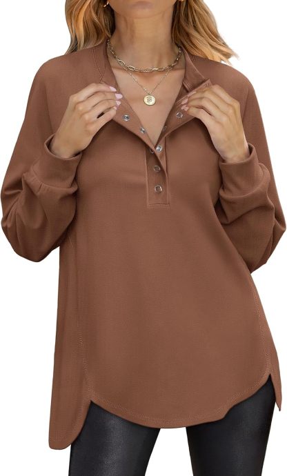 Women's Long Sleeve Henley Tops Tunic Sweatshirt Loose Slit Casual Button Shirts Pullover 2025 Fall Winter Outfits