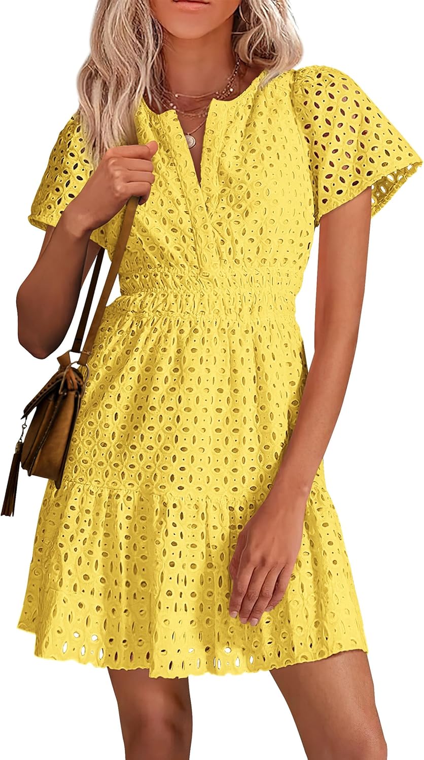 PRETTYGARDEN Womens 2025 Summer Short Dress V Neck Short Sleeve A Line Hollow Out Lace Ruffle Cute Casual Beach Party Dresses