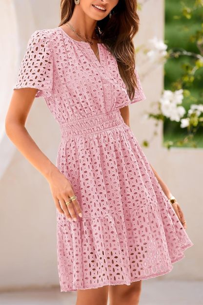 PRETTYGARDEN Womens 2025 Summer Short Dress V Neck Short Sleeve A Line Hollow Out Lace Ruffle Cute Casual Beach Party Dresses