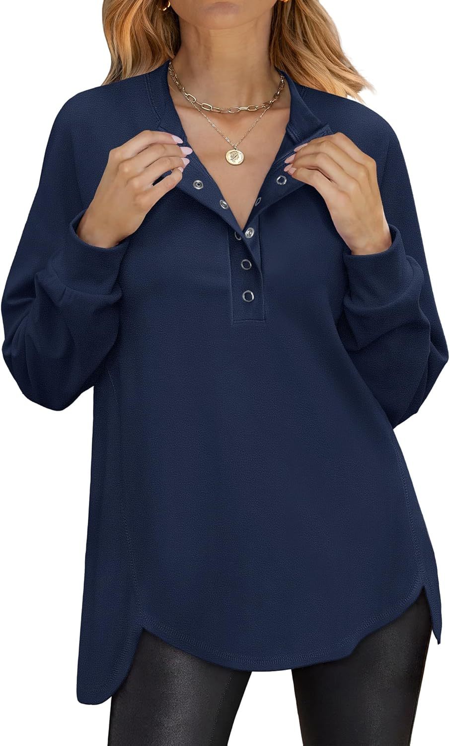 Women's Long Sleeve Henley Tops Tunic Sweatshirt Loose Slit Casual Button Shirts Pullover 2025 Fall Winter Outfits