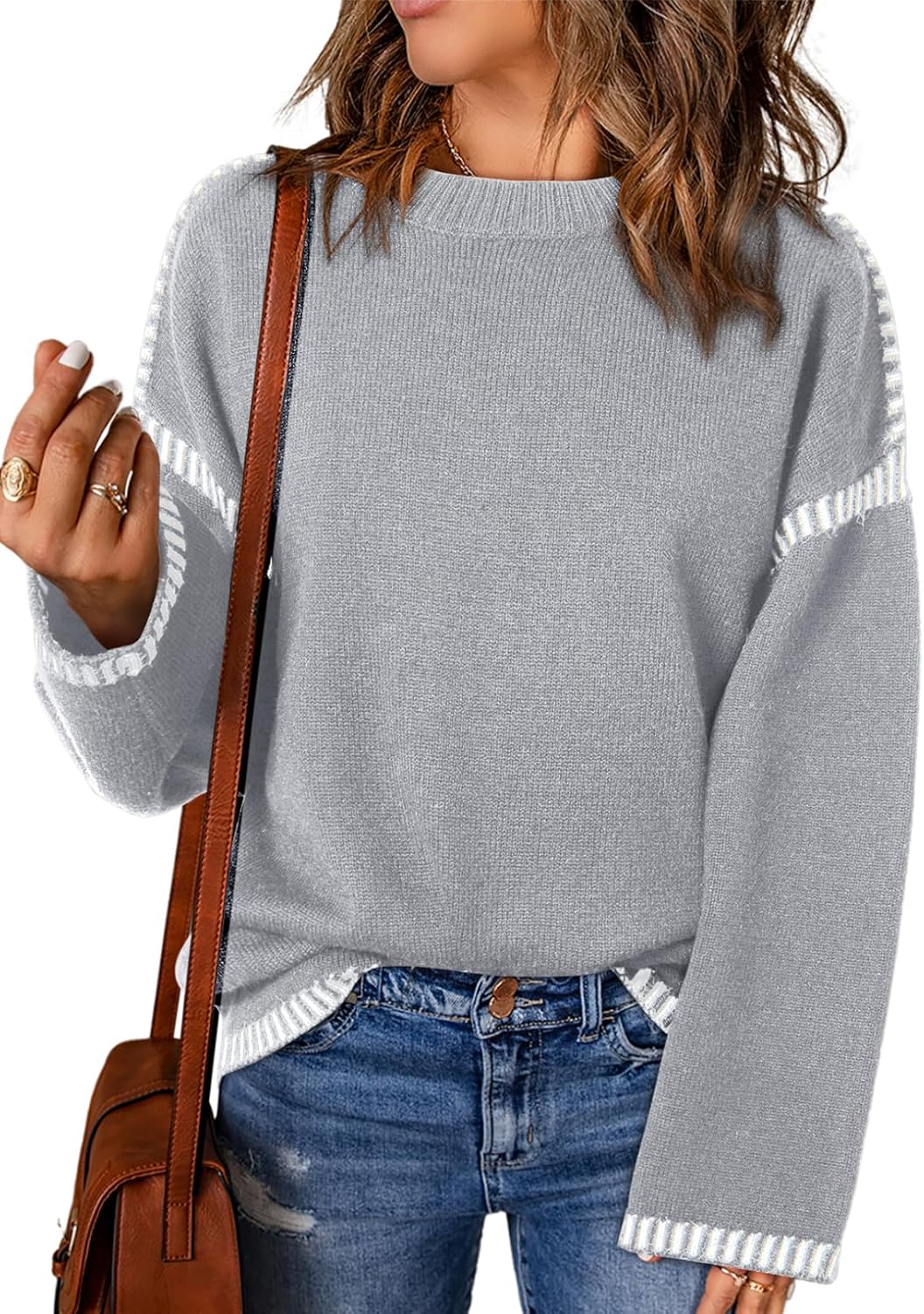 Women’s Casual Loose Fit Long Sleeve Solid Colour Crewneck Knit Sweater
