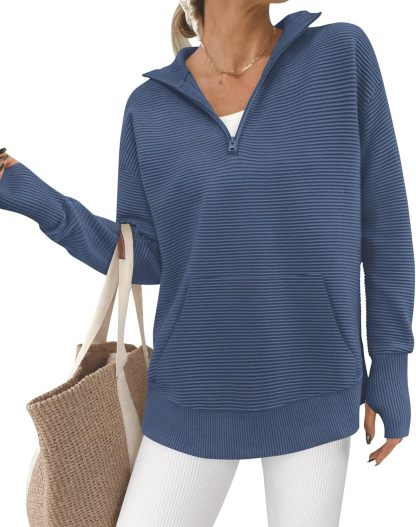 BTFBM Sweaters for Women Fall Winter Clothes 2025 Pocket Quarter Zip Pullover V Neck Long Sleeve Knit Trendy Sweater