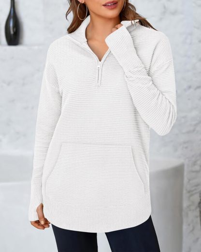 BTFBM Sweaters for Women Fall Winter Clothes 2025 Pocket Quarter Zip Pullover V Neck Long Sleeve Knit Trendy Sweater