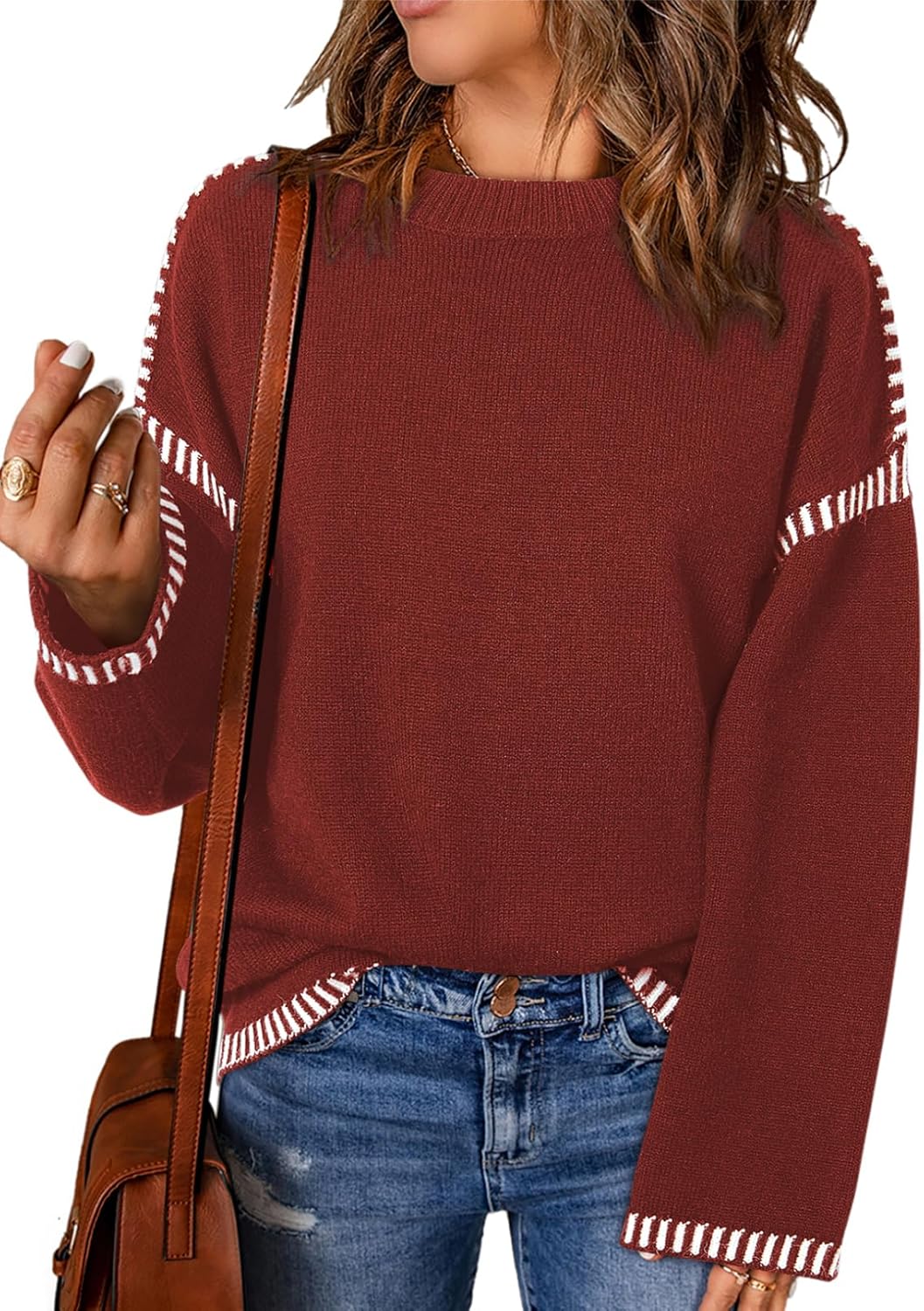 Women’s Casual Loose Fit Long Sleeve Solid Colour Crewneck Knit Sweater