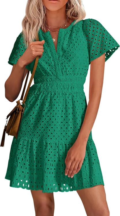 PRETTYGARDEN Womens 2025 Summer Short Dress V Neck Short Sleeve A Line Hollow Out Lace Ruffle Cute Casual Beach Party Dresses