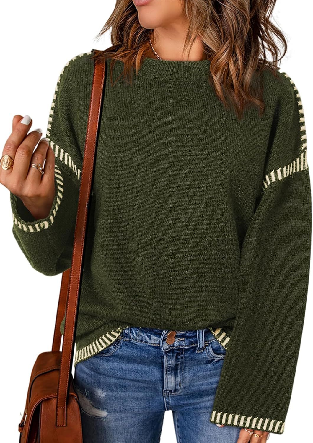 Women’s Casual Loose Fit Long Sleeve Solid Colour Crewneck Knit Sweater