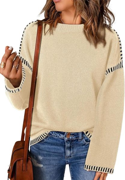 Women’s Casual Loose Fit Long Sleeve Solid Colour Crewneck Knit Sweater