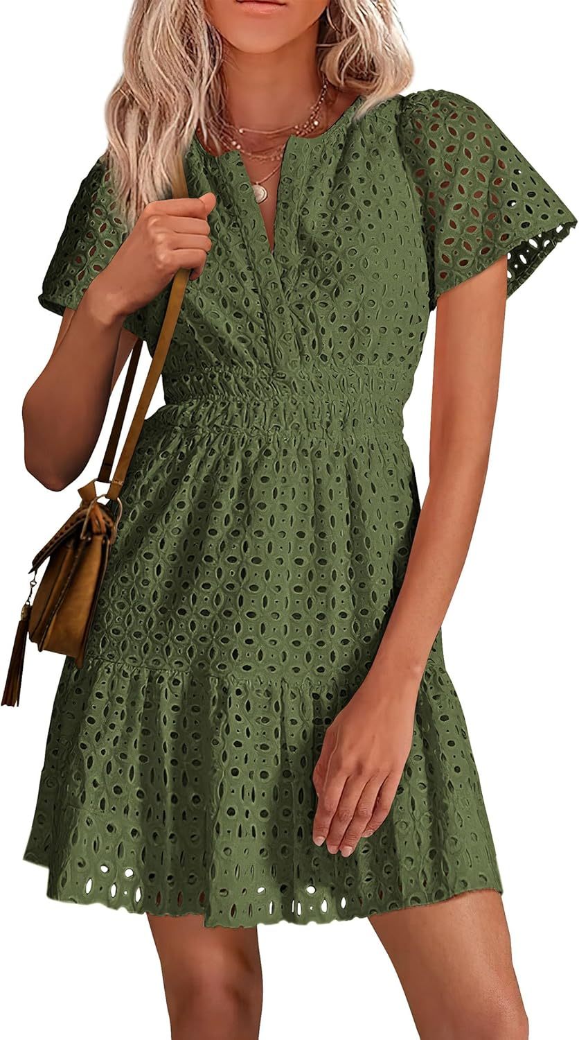 PRETTYGARDEN Womens 2025 Summer Short Dress V Neck Short Sleeve A Line Hollow Out Lace Ruffle Cute Casual Beach Party Dresses
