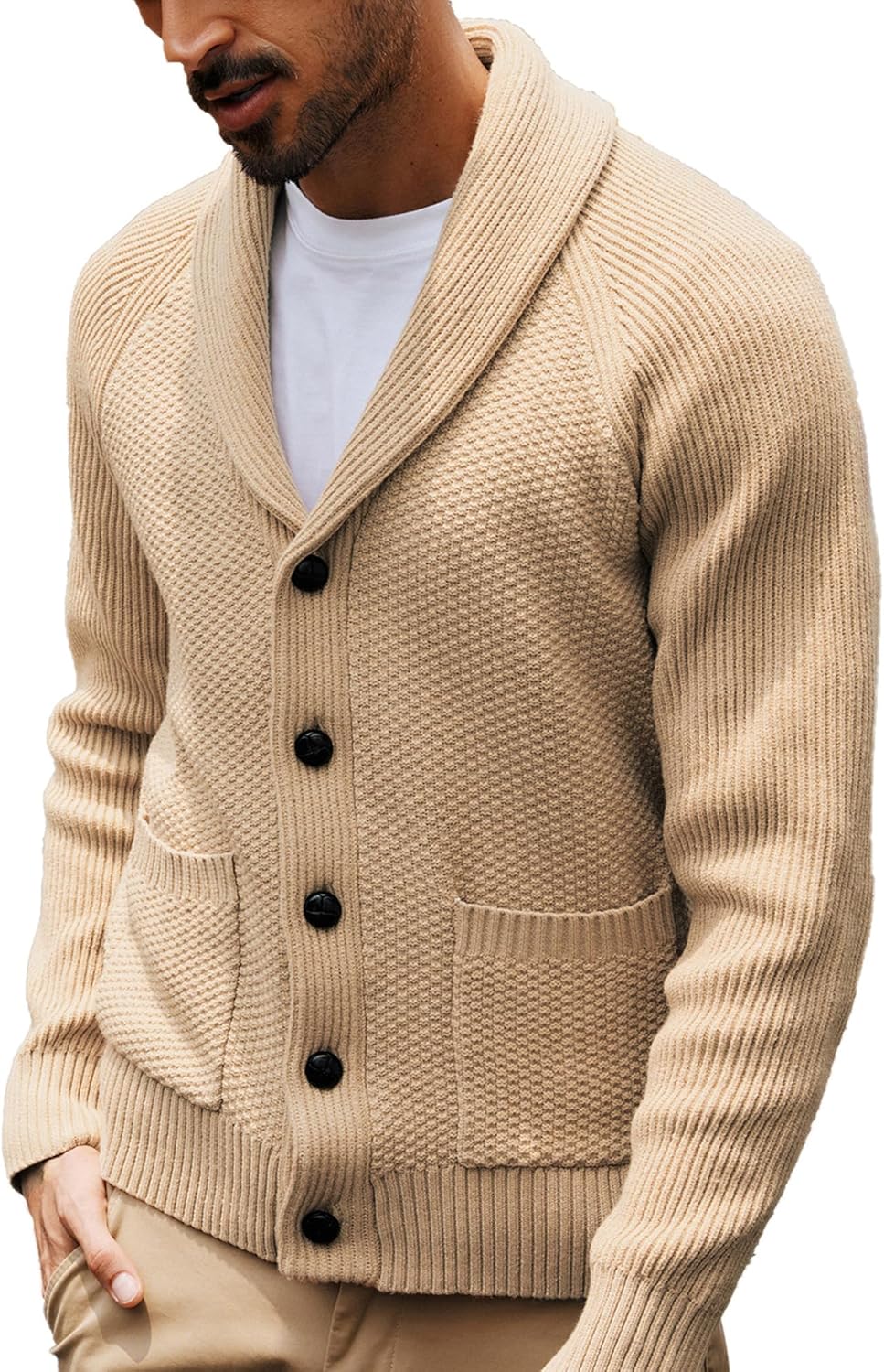 Men's Shawl Collar Button-Down Cardigan Knitted Textured Sweater