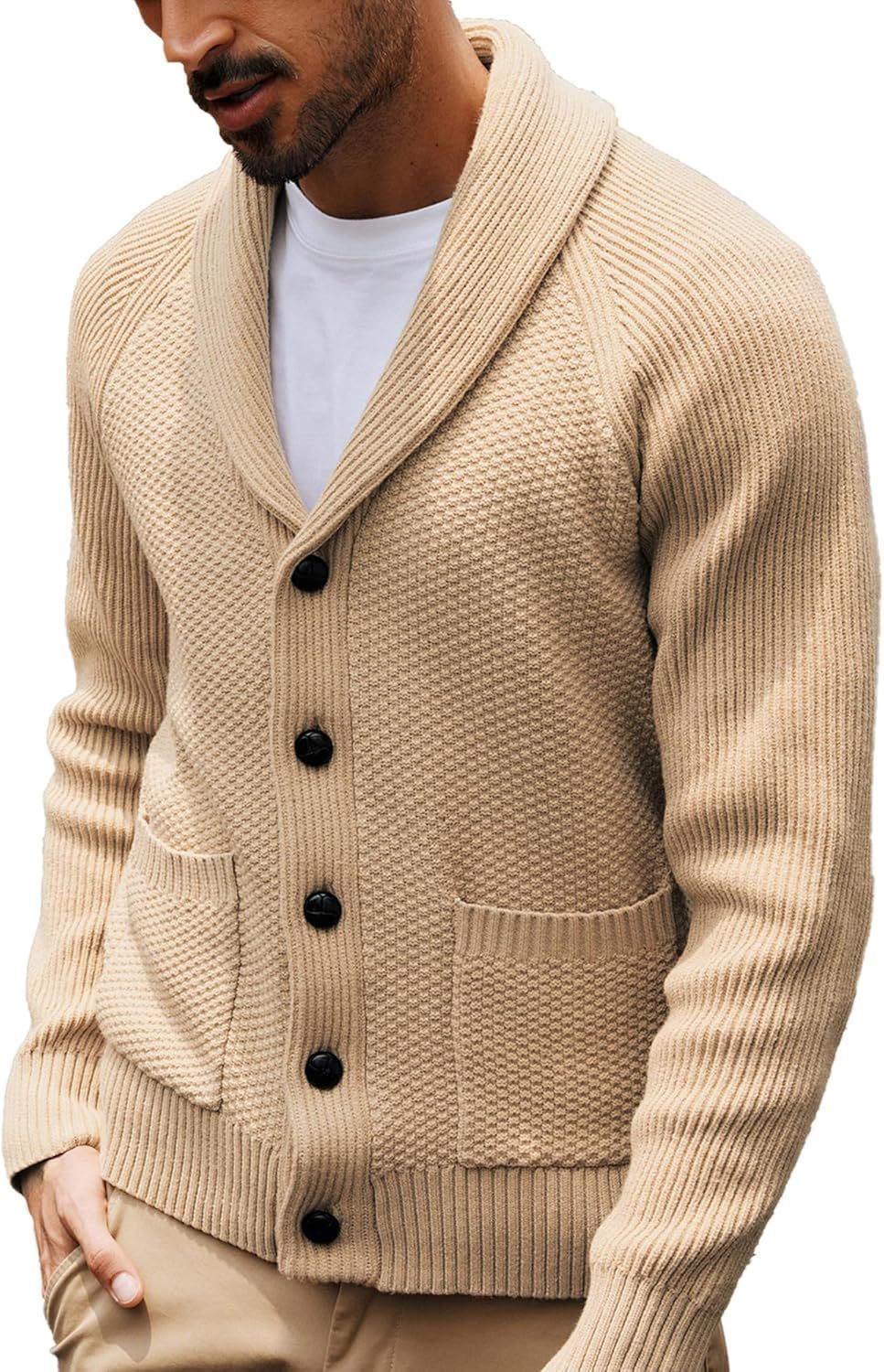 Men's Shawl Collar Button-Down Cardigan Knitted Textured Sweater