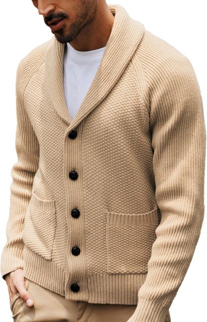 Men's Shawl Collar Button-Down Cardigan Knitted Textured Sweater