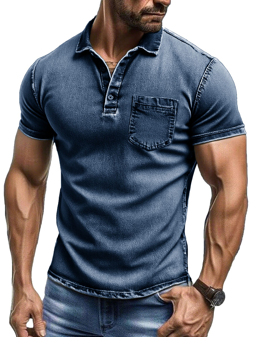 Men's Fashion Retro Pure Cotton Distressed Fabric Pocket Lapel Polo Shirt 