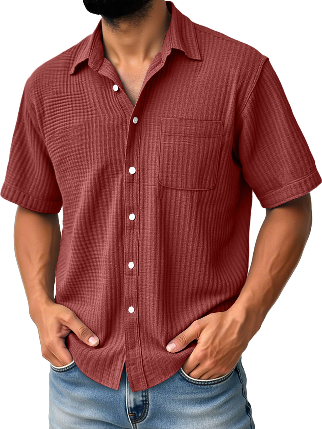 Men's Daily Casual Pleated Pocket Comfortable Solid Color Short Sleeve Shirt